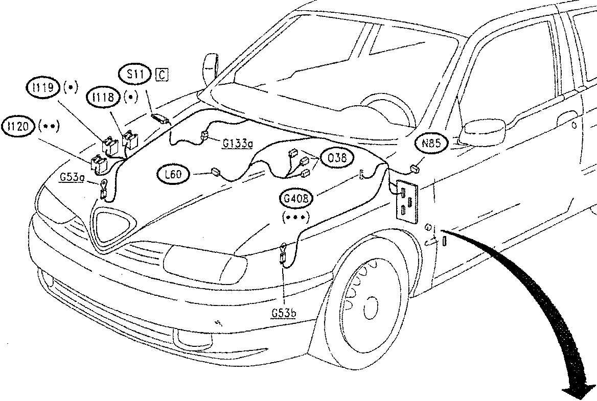 Line drawing of a car showing component locations on the front and side.