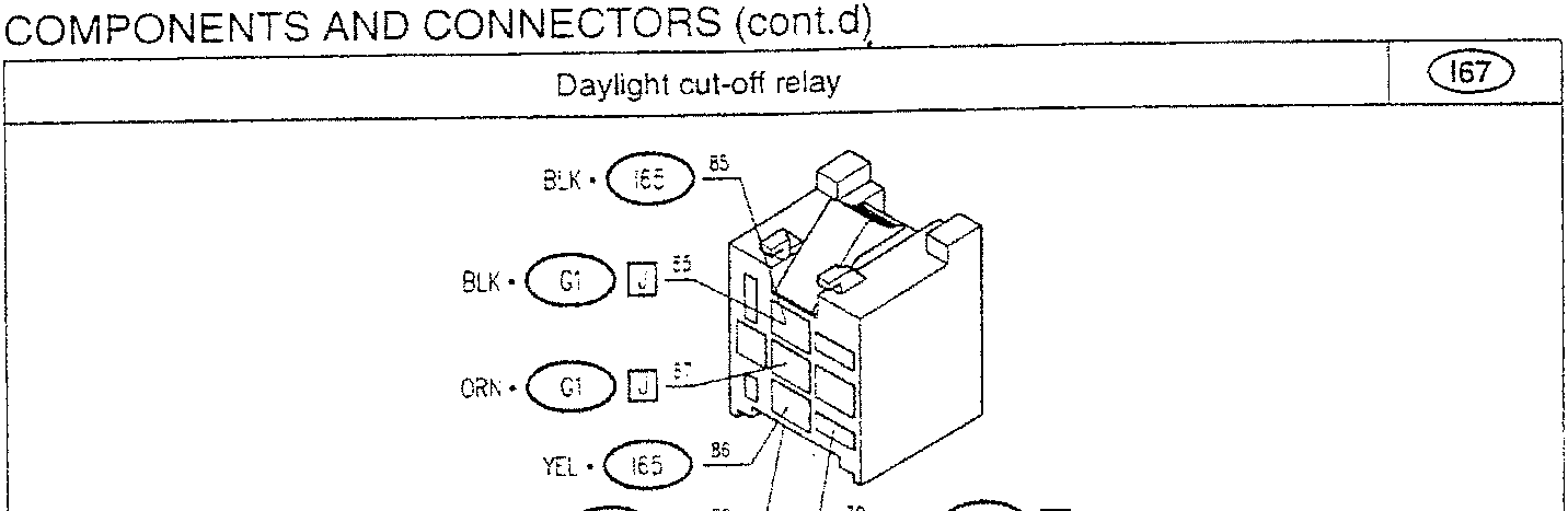 Daylight cut-off relay with wire connections labeled BLK, ORN, YEL, GRY, and connectors G1, J, I65, I67.