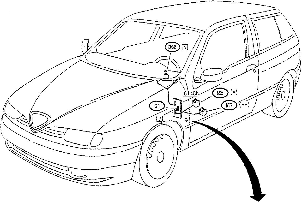 Line drawing of a car showing component locations on the front and side.