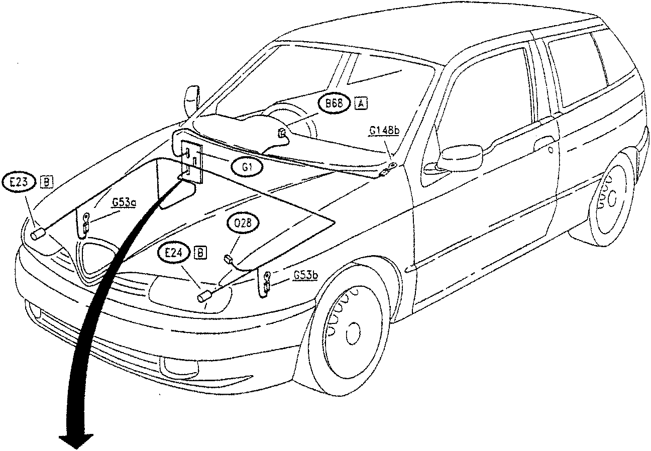 Line drawing of a car showing component locations on the front and hood area.