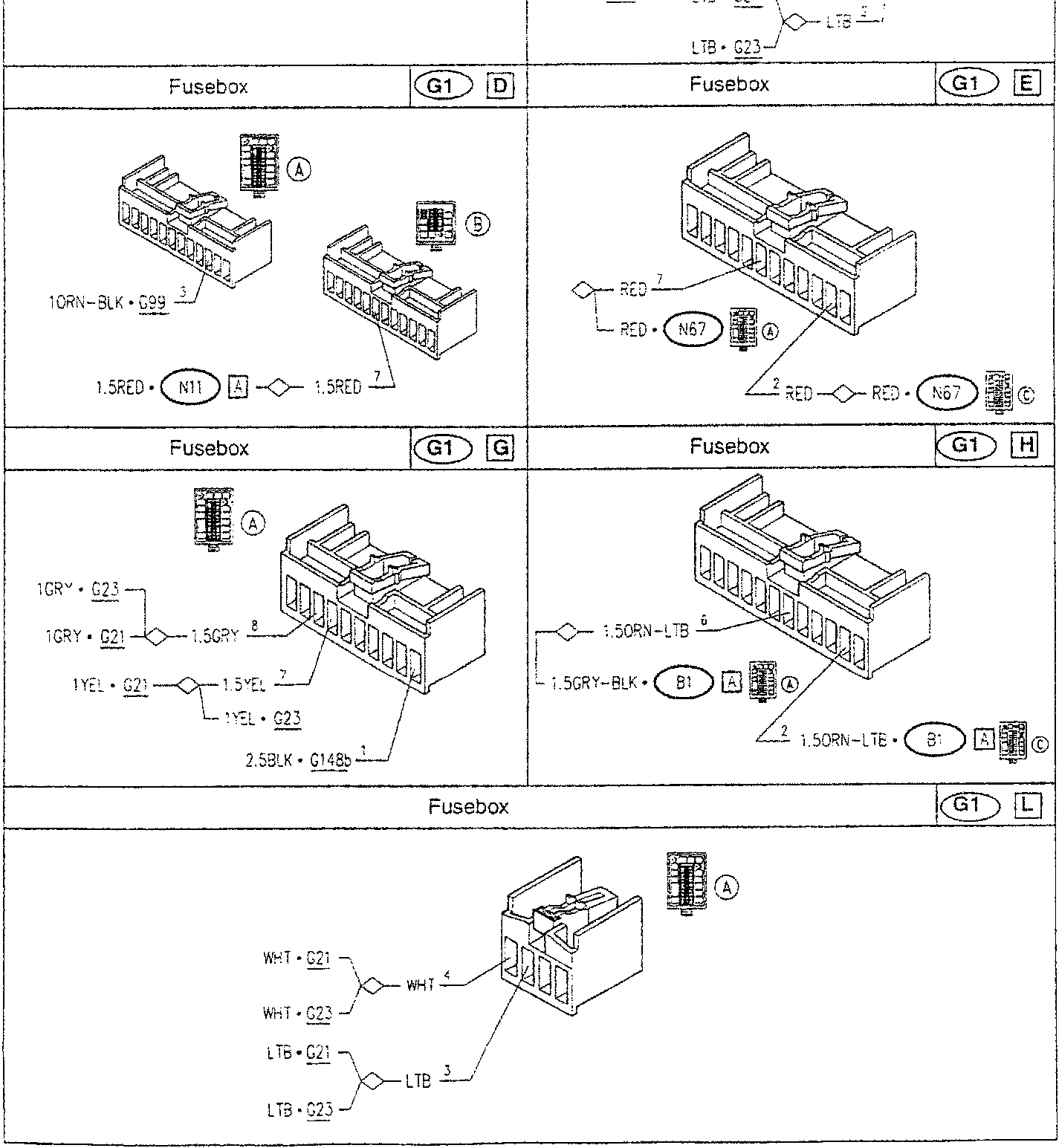 Fusebox diagram with labeled connectors and wires