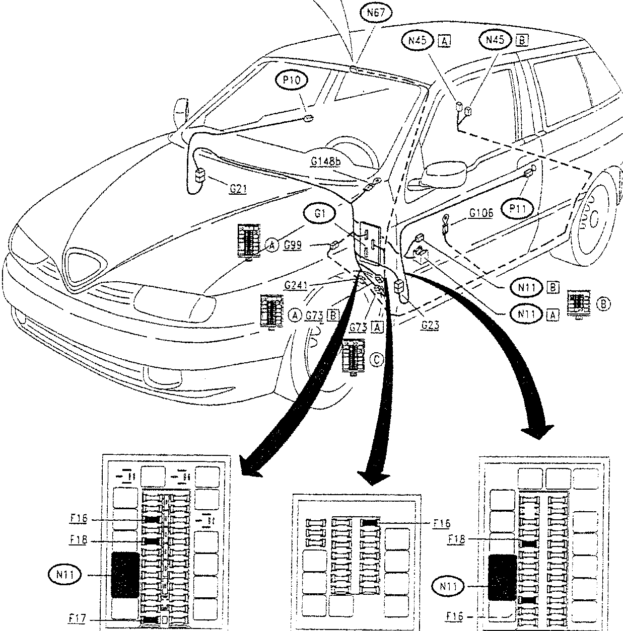 Diagram showing the location of various components on a car, including N67, N45, P10, G148b, G21, G1, G99, G241, G73, G23, N11, and P11.