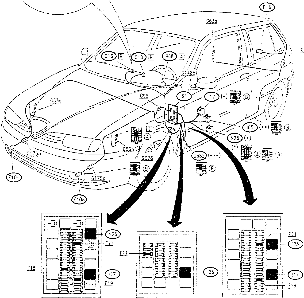 Diagram of car showing component locations for fog lights and rear fog guards.