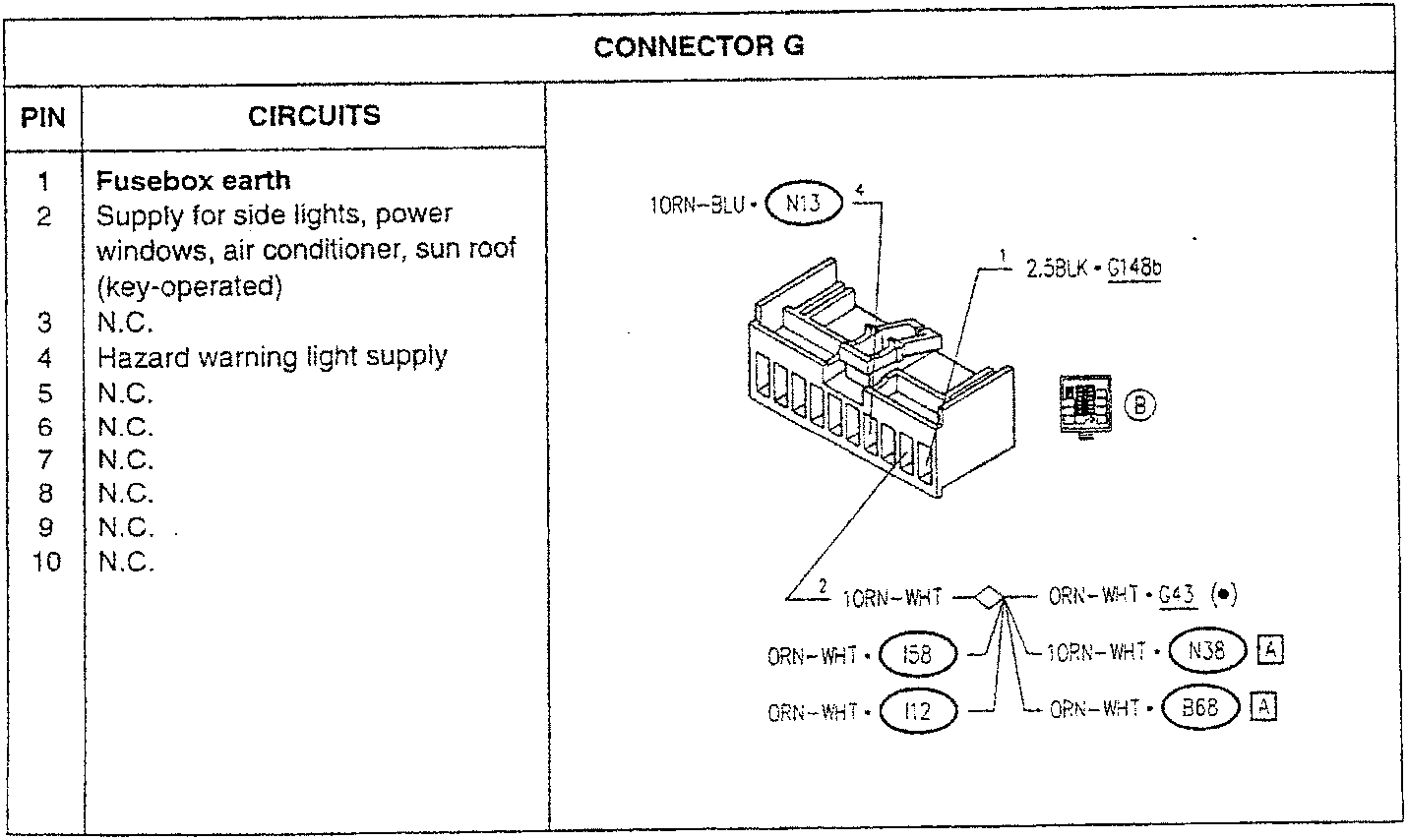 Connector G wiring diagram with pin assignments and wire colors