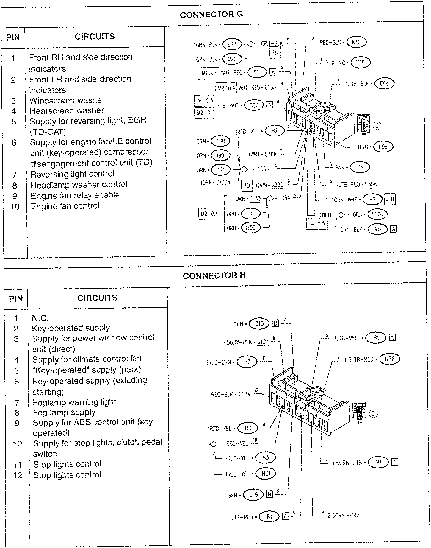 Connector G wiring diagram with pin assignments and circuit connections
