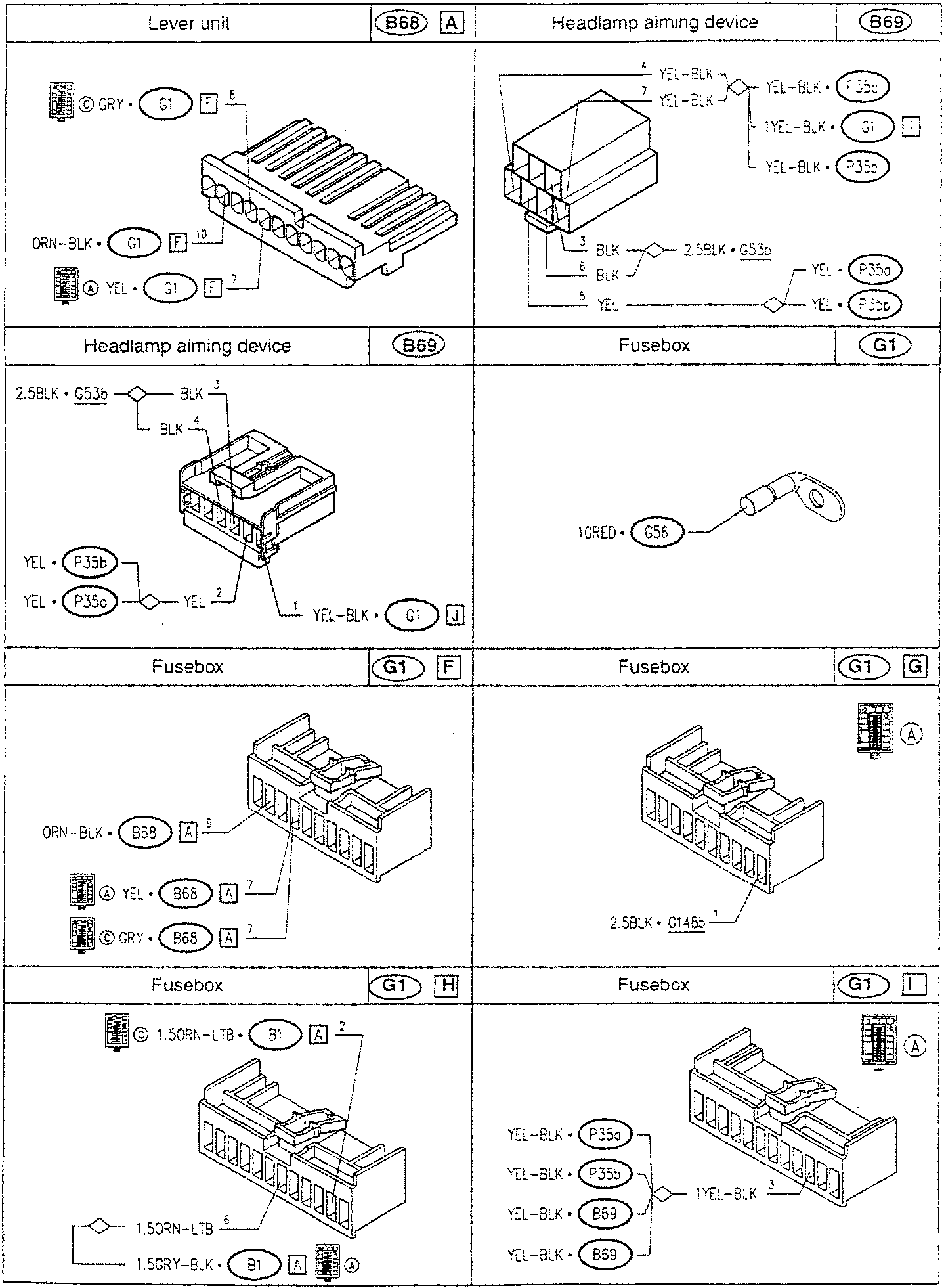 Lever unit with wire connections labeled GRY, ORN-BLK, YEL, and numbered pins 7, 8, 10.