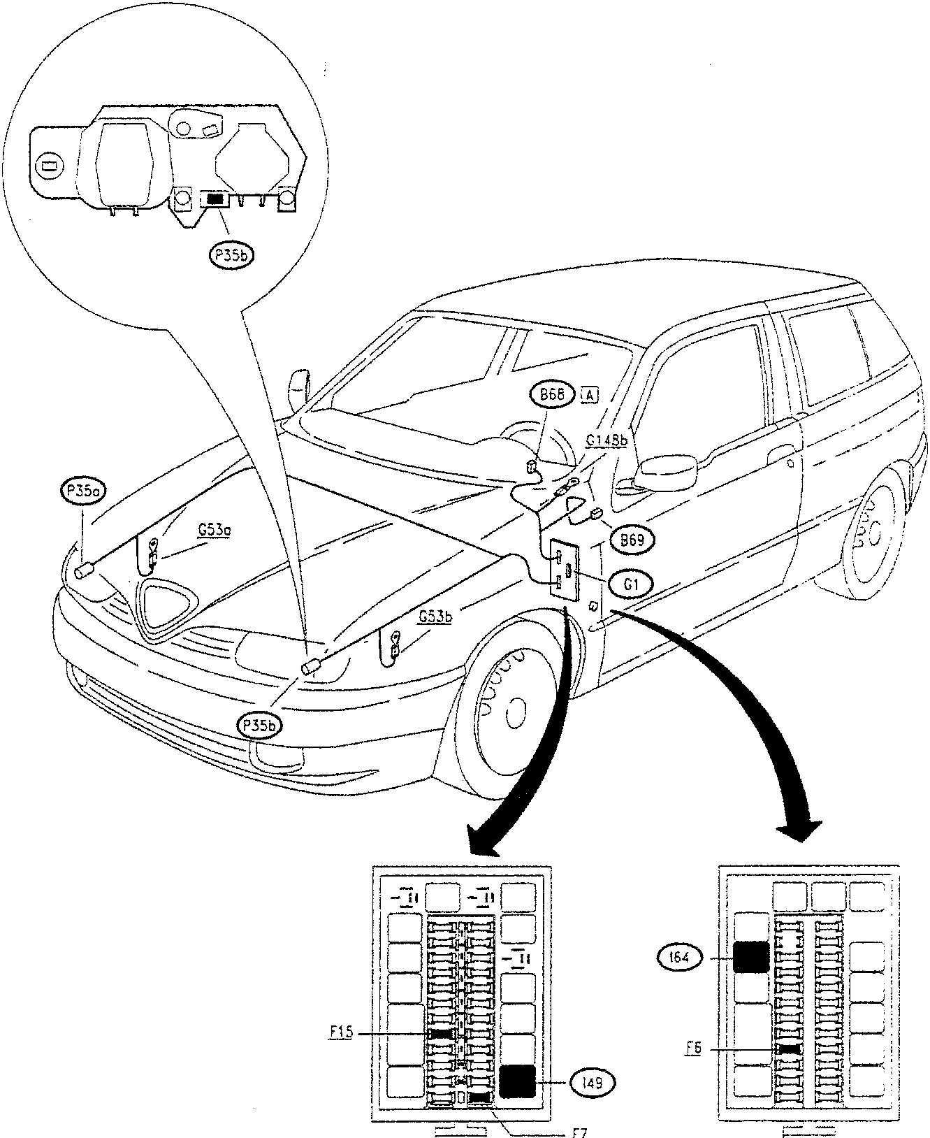 Close-up of headlamp aiming device with labeled components P35b, G53a, G53b, and P35c.