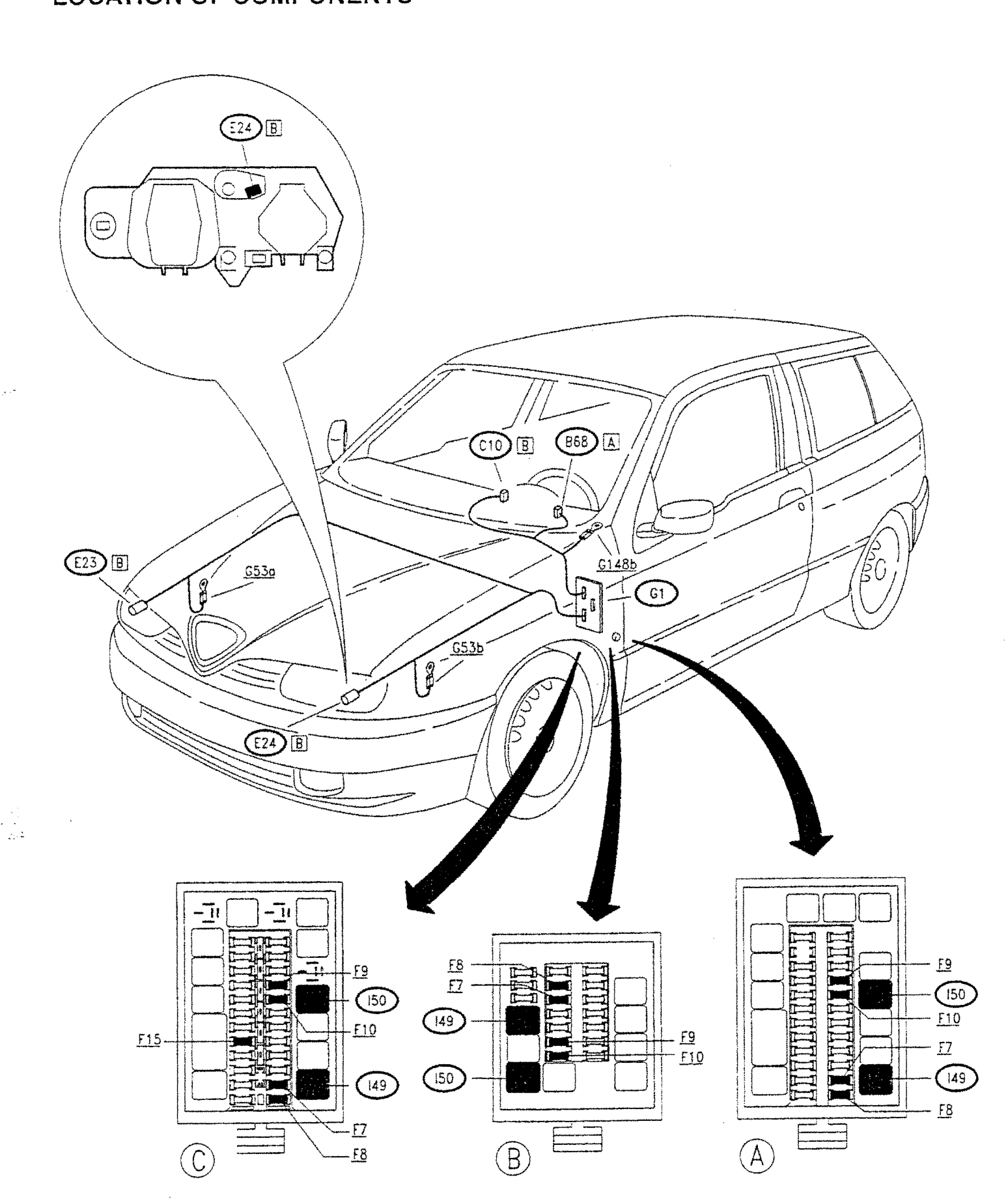 Location of the headlamp components: E23, E24, C10, B68, G1, G53a, G53b, G148b