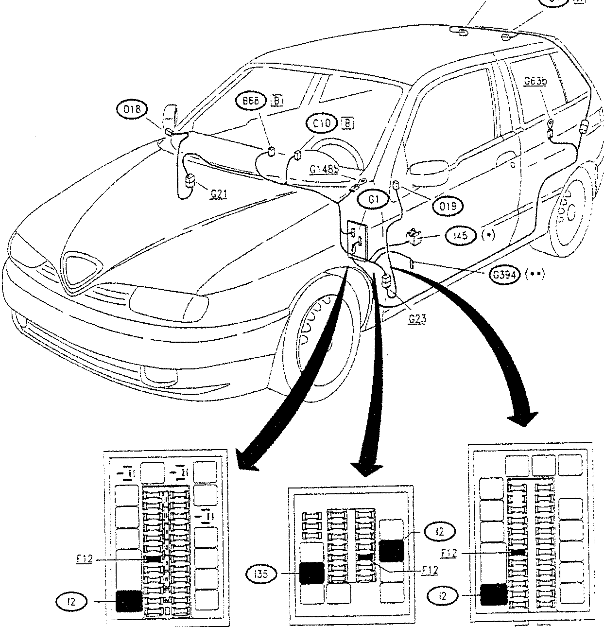 Diagram of car showing components for heated rearscreen and wing mirror defrosting, with arrows pointing to fuse boxes A, B, and C.