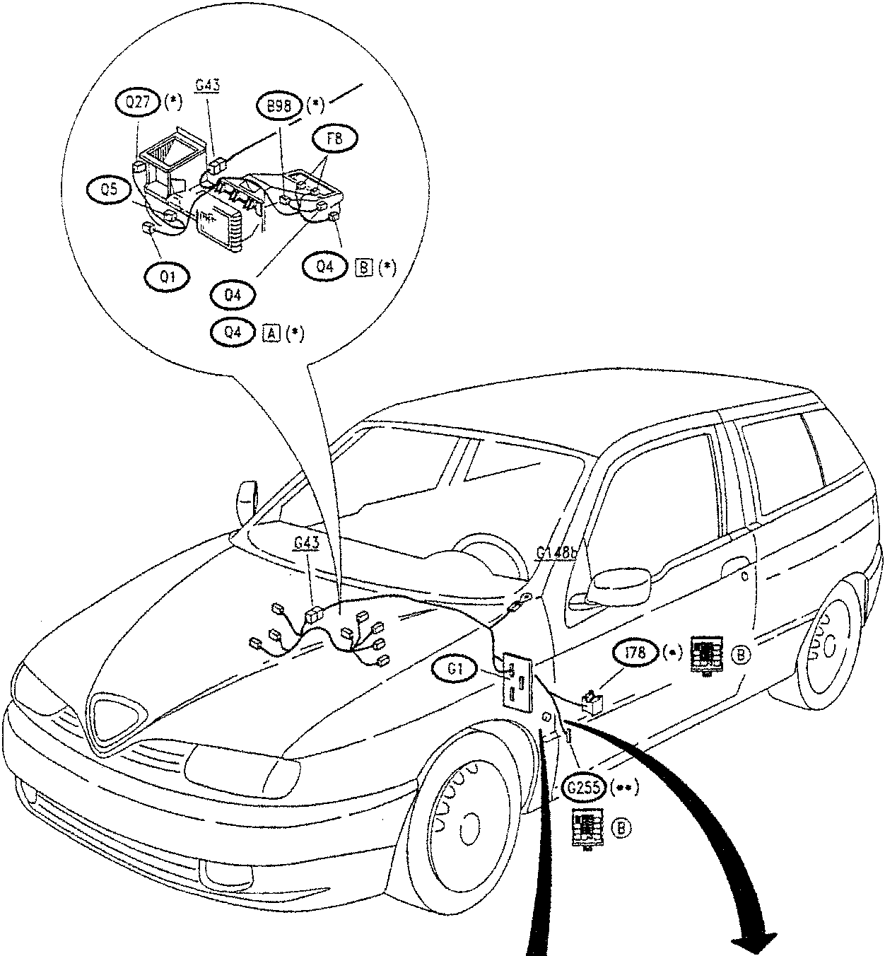 Diagram showing location of heater system components on a car, with callouts for Q1, Q4, Q5, G43, B98, F8, and fuse holders G1, G255, 178. Arrows point to fuse  and F2.