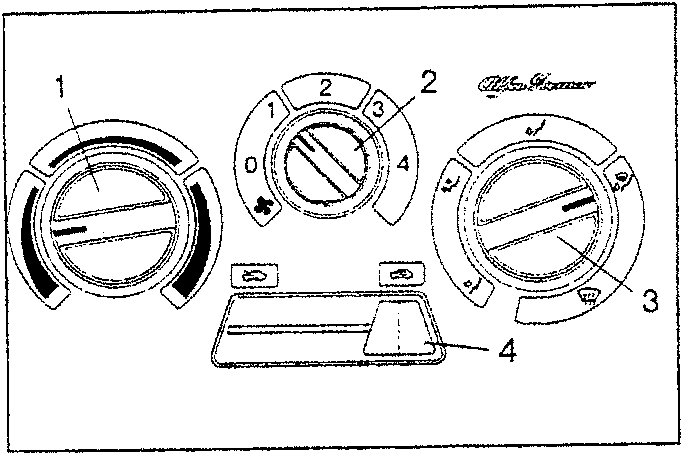 Diagram of heater control unit with three knobs labeled 1, 2, and 3, and a lever labeled 4.