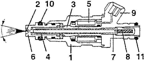 Cross-section diagram of electroinjector with labeled parts