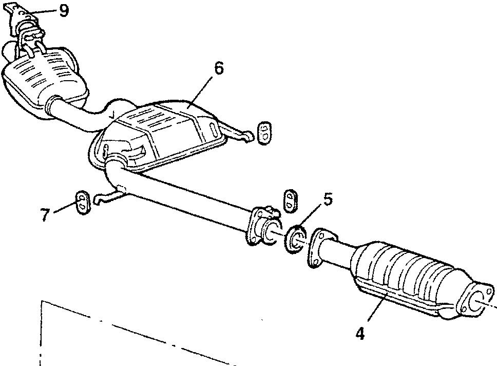 Exhaust system diagram showing rear section with catalytic converter, silencers, and connectors.