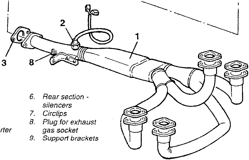 Exhaust system diagram showing front section with manifolds, lambda probe, seals, catalytic converter, and support brackets.