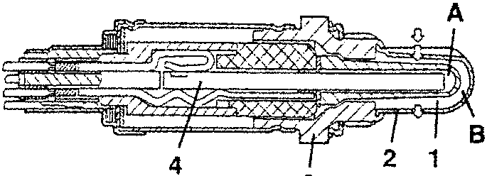 Cross-section of lambda sensor showing ceramic body, protective tube, metal body, and electric resistance.