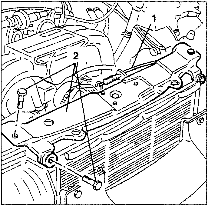 Engine cooling system diagram showing components labeled 1 and 2.