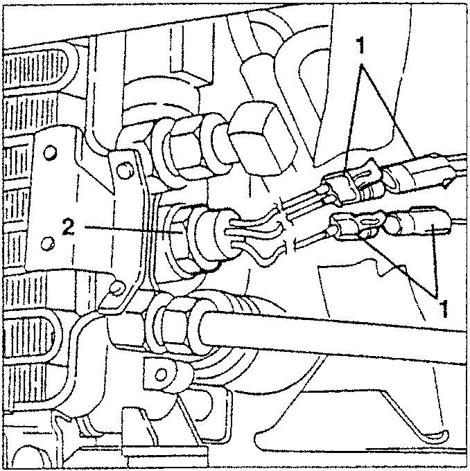 Engine cooling system diagram showing components labeled 1 and 2.