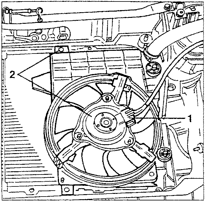 Engine cooling system diagram showing fan assembly labeled 1 and 2.
