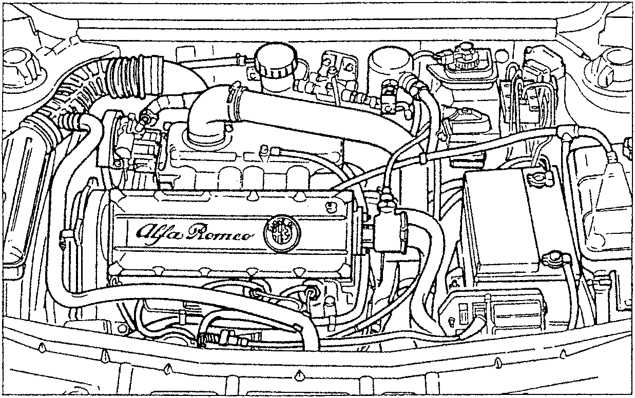 Engine compartment with Alfa Romeo engine cover visible