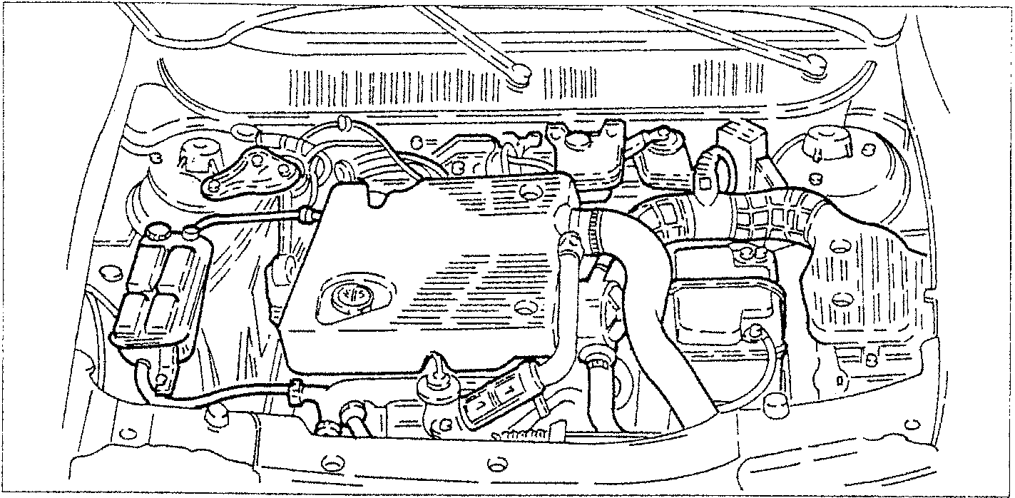 Engine compartment view showing various components including battery, hoses, and engine cover.
