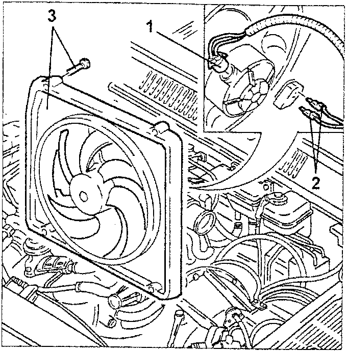 Engine cooling fan with electrical connections and mounting bolts