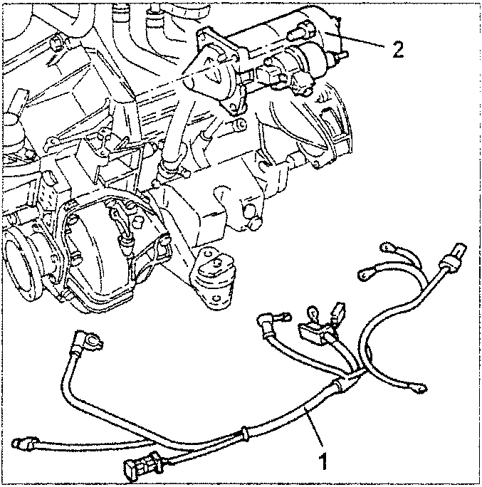 Diagram showing starter motor and wiring labeled 1 and 2