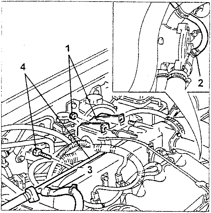 Engine diagram showing connections for coolant pipes and fastening nuts