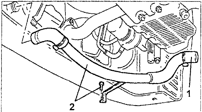Engine bay showing coolant fluid outlet sleeve and radiator coolant fluid outlet pipe