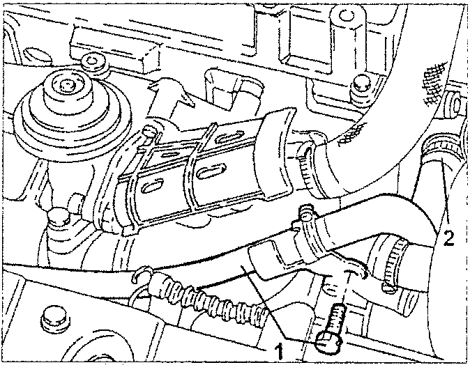 Engine diagram showing coolant pipes and screw with labels 1, 2, and 3