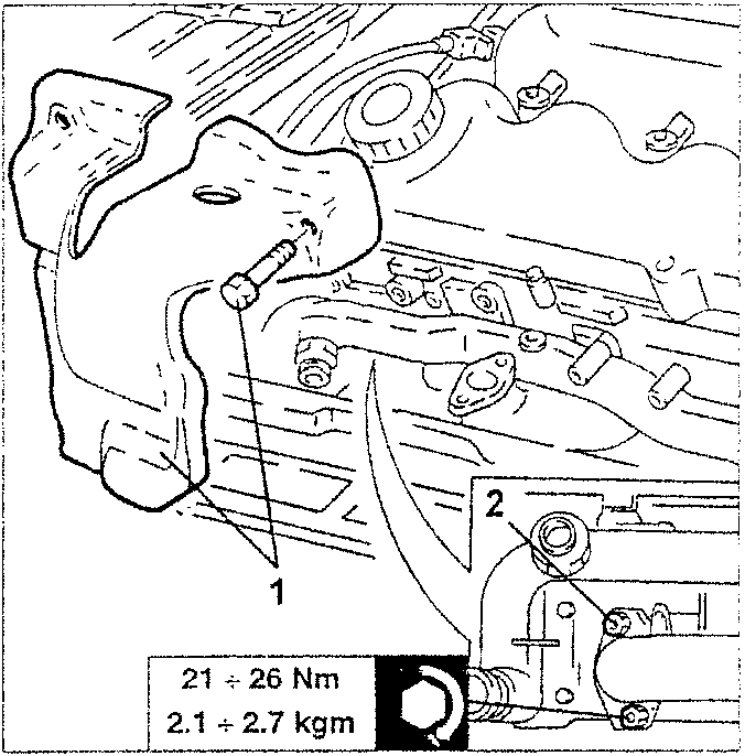 Engine diagram showing heat shield removal and exhaust manifold nuts
