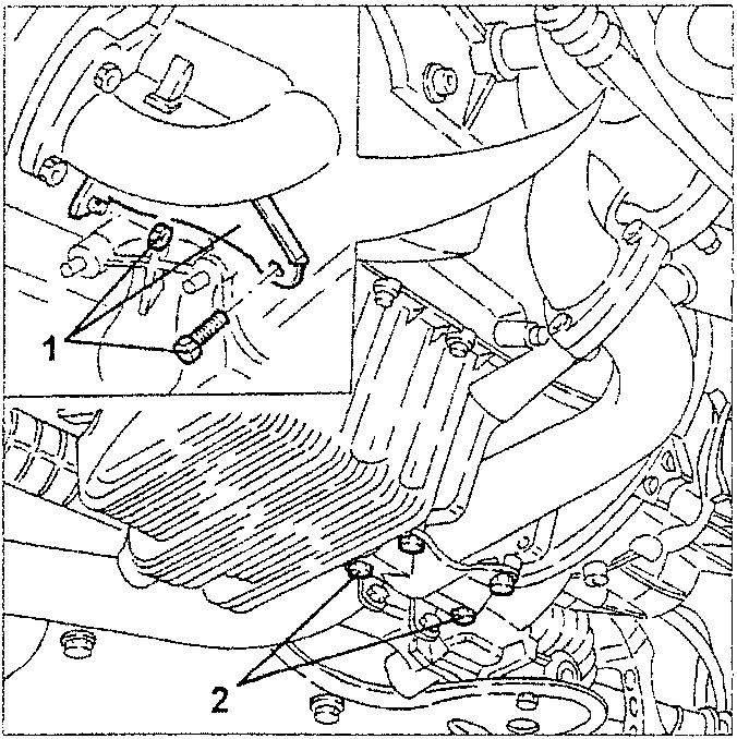 Engine diagram showing turbocharger support bracket and reinforcement bracket removal