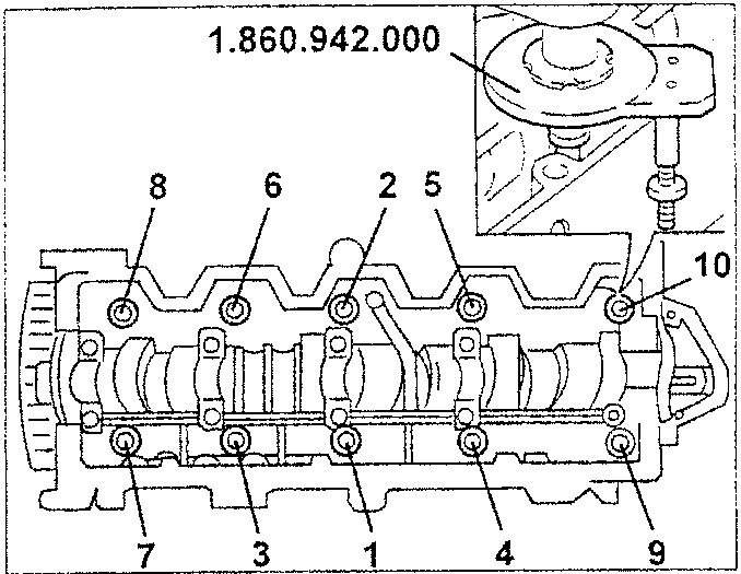 Cylinder head with numbered bolts and goniometer reference