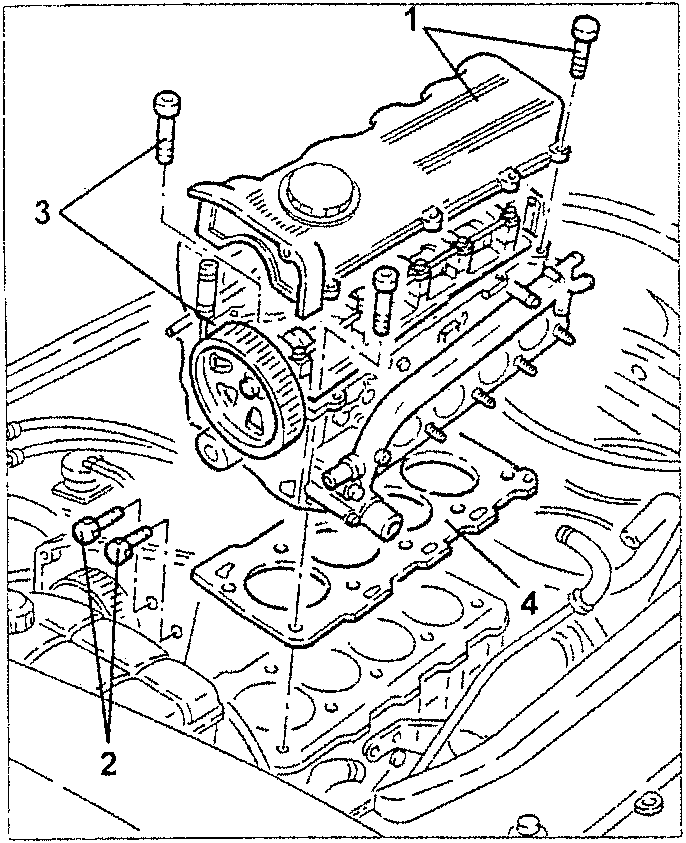 Engine with cylinder head removed, showing bolts and seals