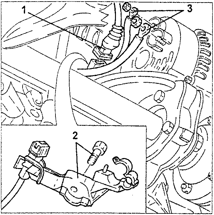 Diagram showing electrical connections near engine, with parts labeled 1, 2, and 3