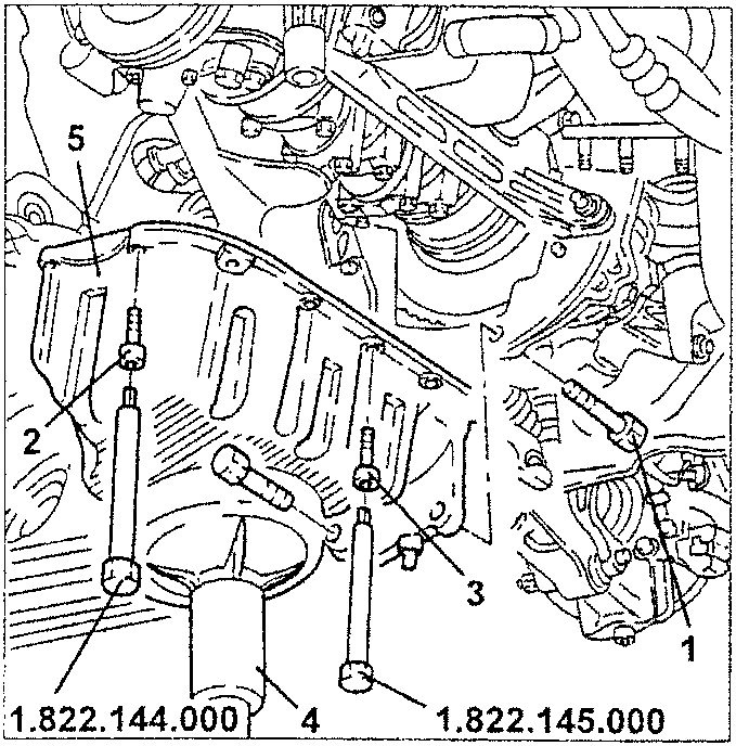 Diagram showing oil sump removal with labeled parts and wrench numbers