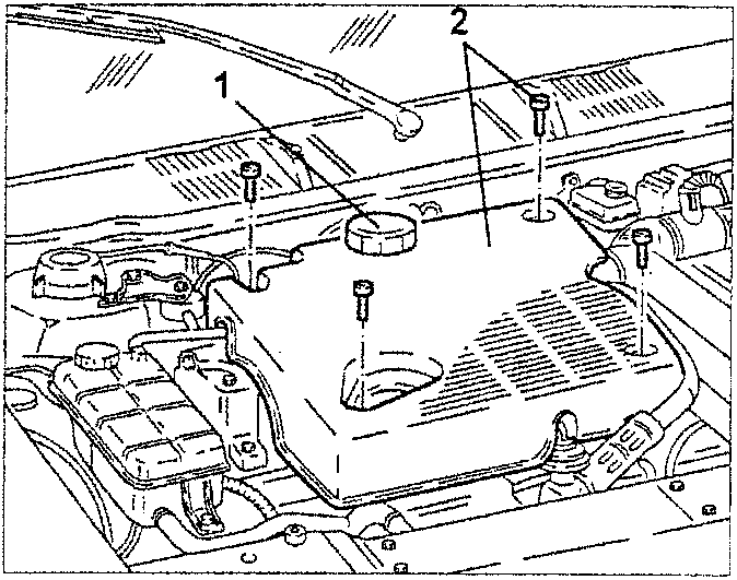 Engine cover removal view showing screws and filler cap