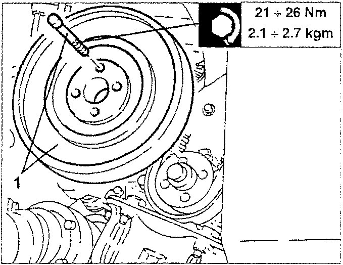 Illustration showing the crankshaft pulley being removed with torque specification