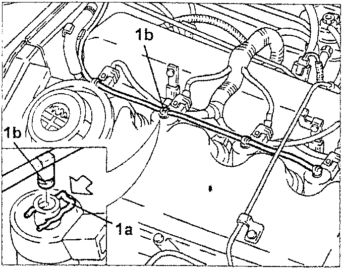 Diagram showing fuel return pipe disconnection with parts labeled 1a and 1b