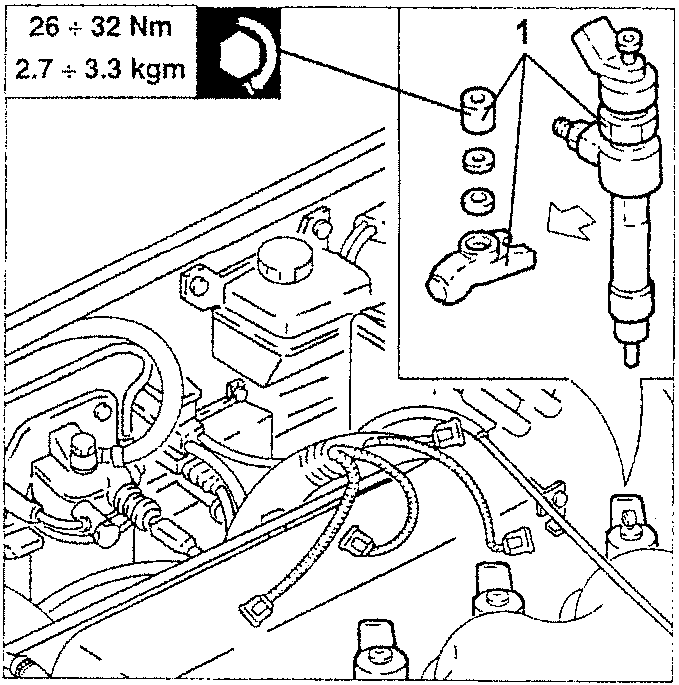 Diagram showing removal of brackets and injectors with torque specification