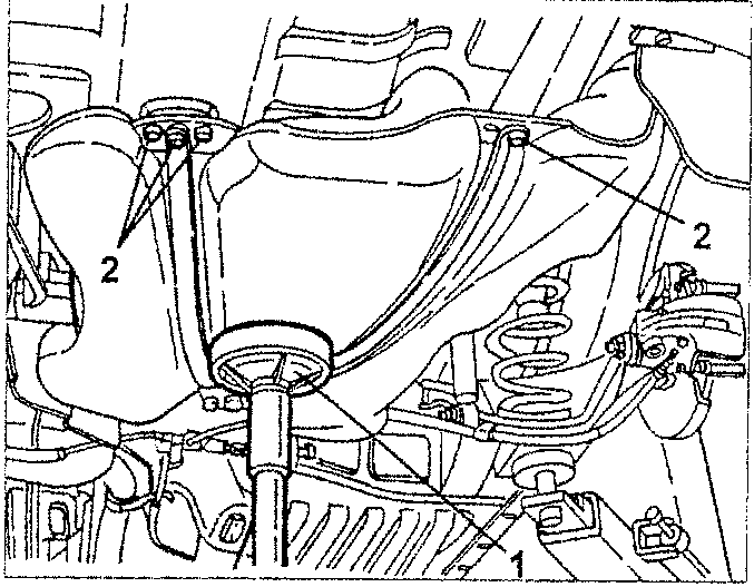 Diagram showing hydraulic jack positioned under fuel tank with fastening screws