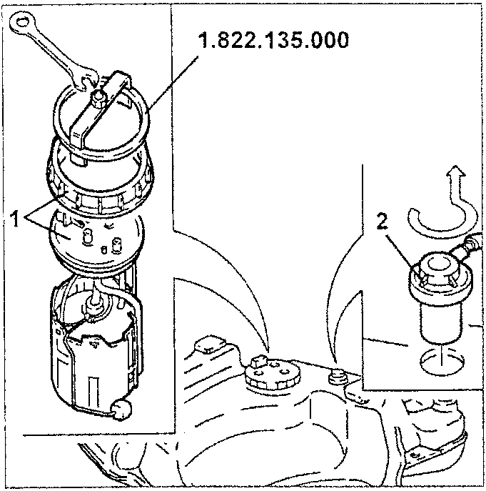 Submerged pump assembly with tool 1.822.135.000 and multi-function valve