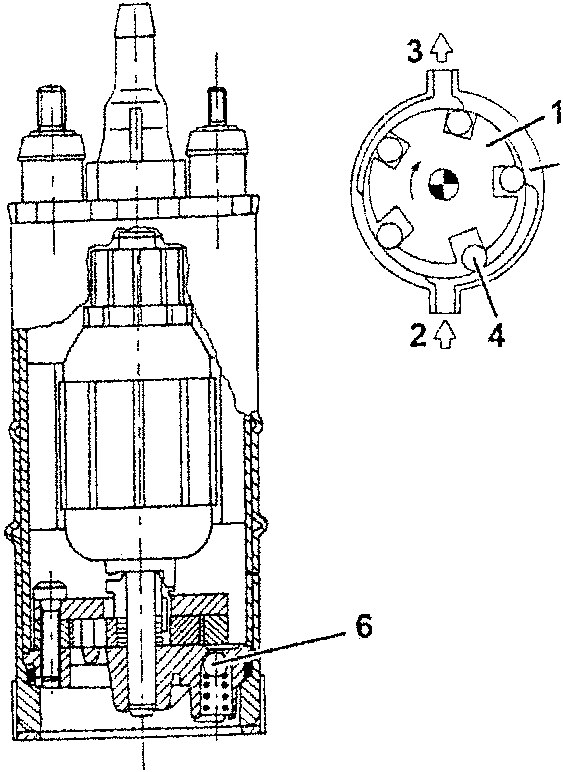 Electric fuel pump with impeller, ports, pins, outer ring and overpressure valve