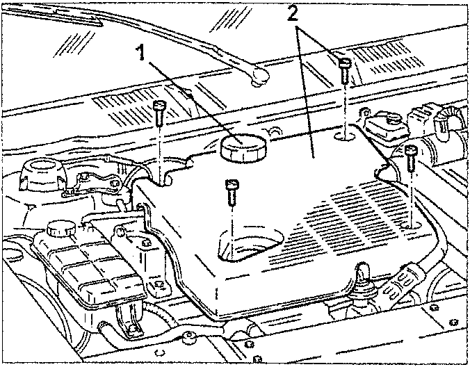 Engine cover removal with bolts 1 and 2