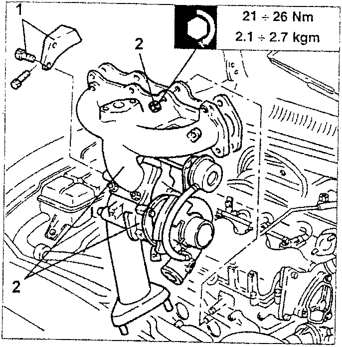 Turbocharger removal diagram showing torque specifications 21-26 Nm and 2.1-2.7 kgm