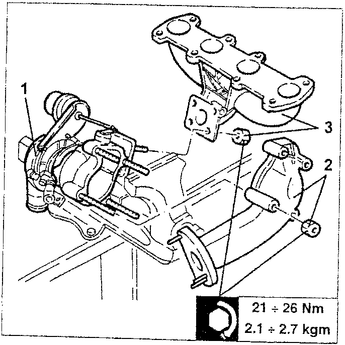 Turbocharger disassembly diagram showing torque specifications 21-26 Nm and 2.1-2.7 kgm