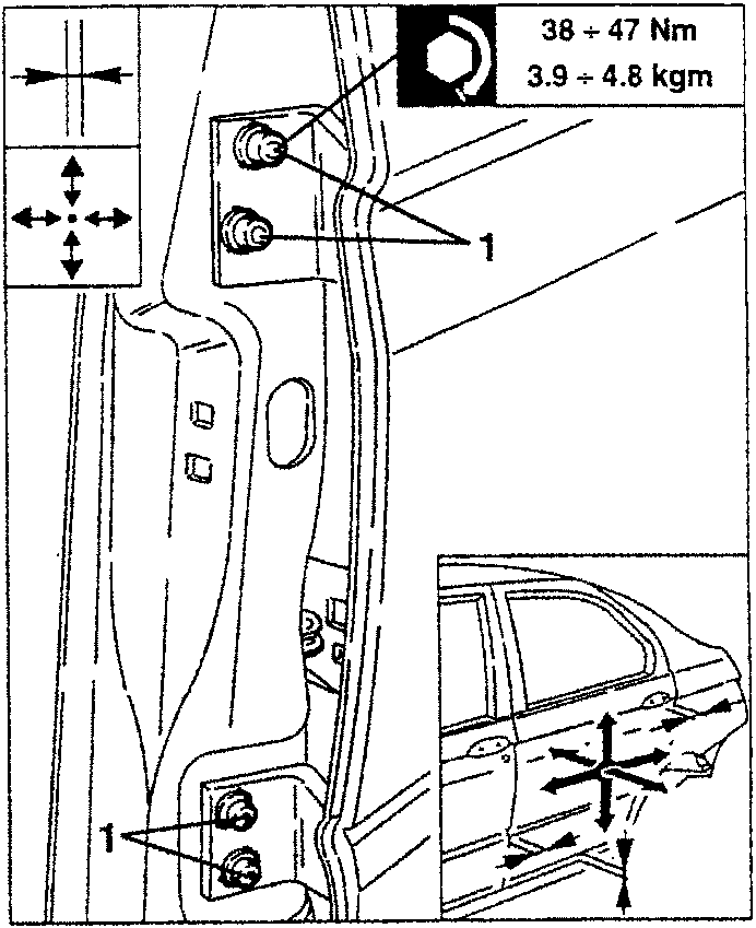Diagram showing rear door hinge fastening with torque specification 38 ÷ 47 Nm / 3.9 ÷ 4.8 kgm