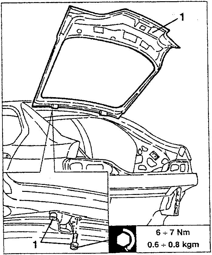 Diagram showing boot lid removal with torque specification 6 ÷ 7 Nm / 0.6 ÷ 0.8 kgm