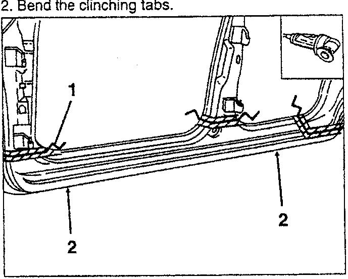 Illustration showing bending of clinching tabs on a car body panel.