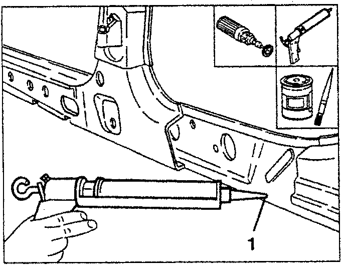 Illustration showing application of electric welding protection using a syringe-like tool on a car door frame.