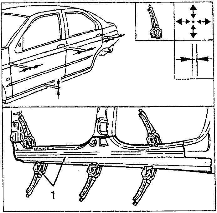Illustration showing underdoor trim being positioned and clamped with a clamp tool.